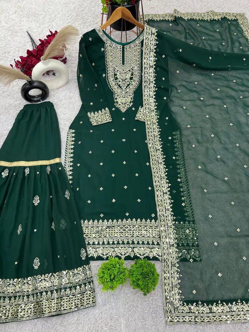 AK 833 Georgette Embroidery Pakistani Kurti With Bottom Dupatta Wholesale Market